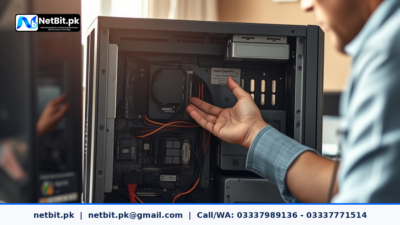 Technician hands diagnosing computer hardware components inside an office workstation | NetBit Software House and Technology | netbit.pk