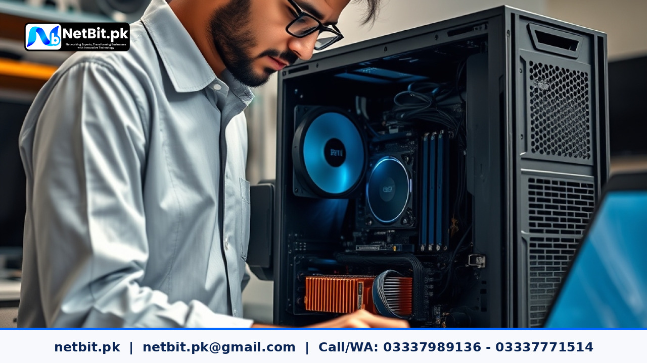 IT technician performing hardware diagnostics on a business computer system motherboard inside a clean office environment | NetBit Software House and Technology | netbit.pk