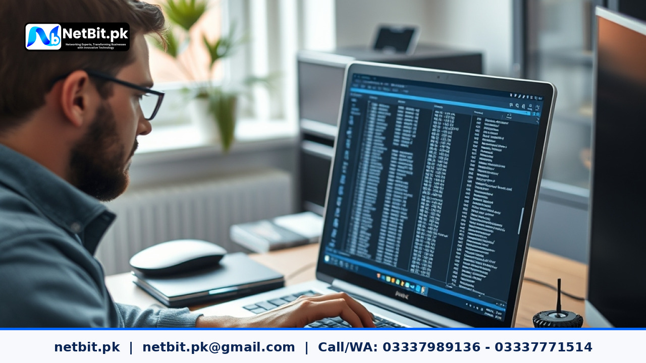 IT technician reviewing system services on a business computer workstation | NetBit Software House and Technology | netbit.pk