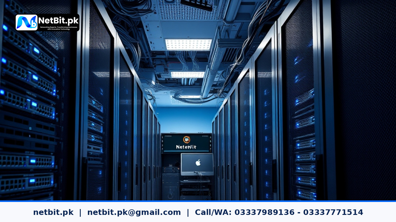 Clean and organized office server rack with neatly managed network cables and blinking indicator lights.
