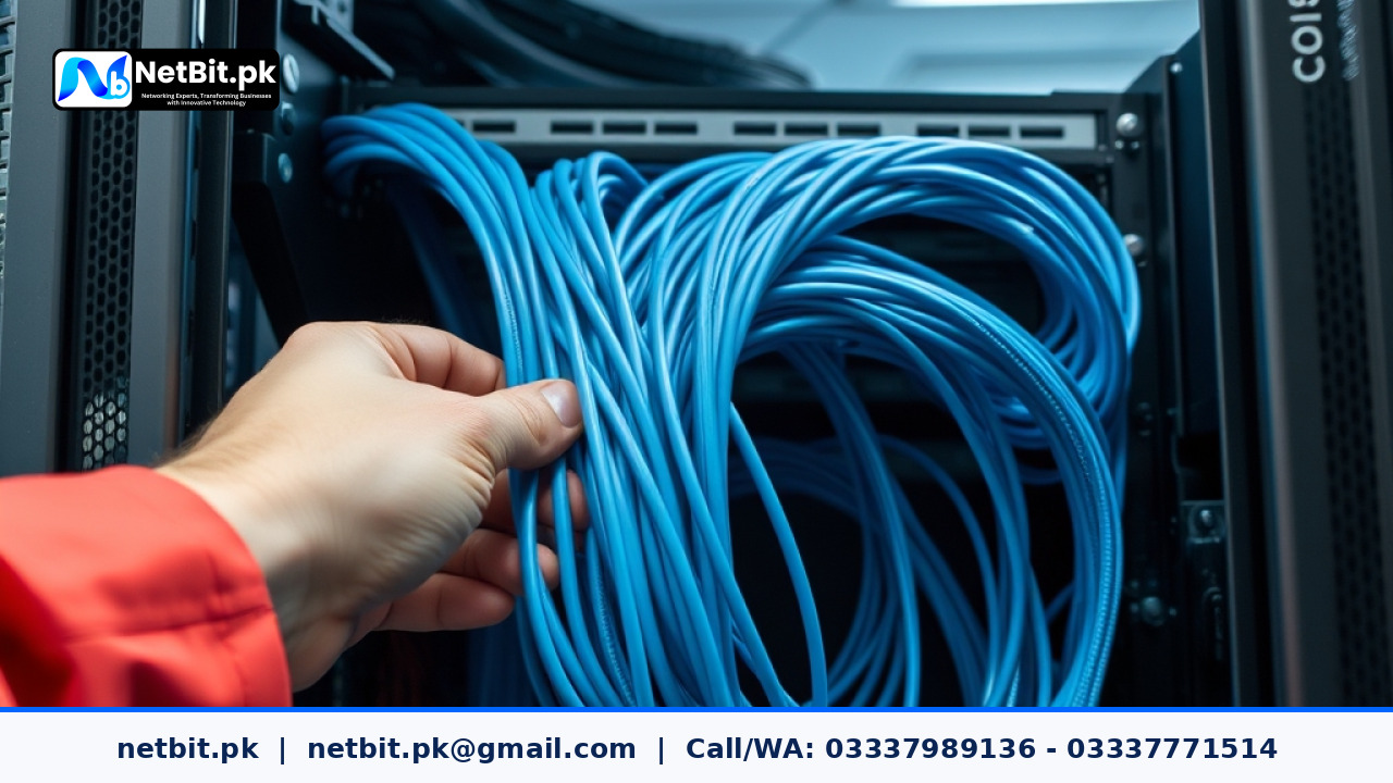 IT technician organizing network cables and documenting switch configurations in an office rack | NetBit Software House and Technology | netbit.pk