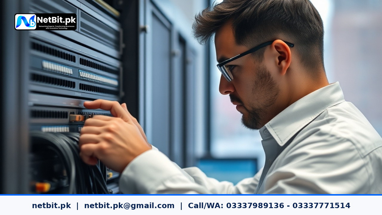 A technician testing office network speed and connectivity using professional diagnostic tools | NetBit Software House and Technology | netbit.pk