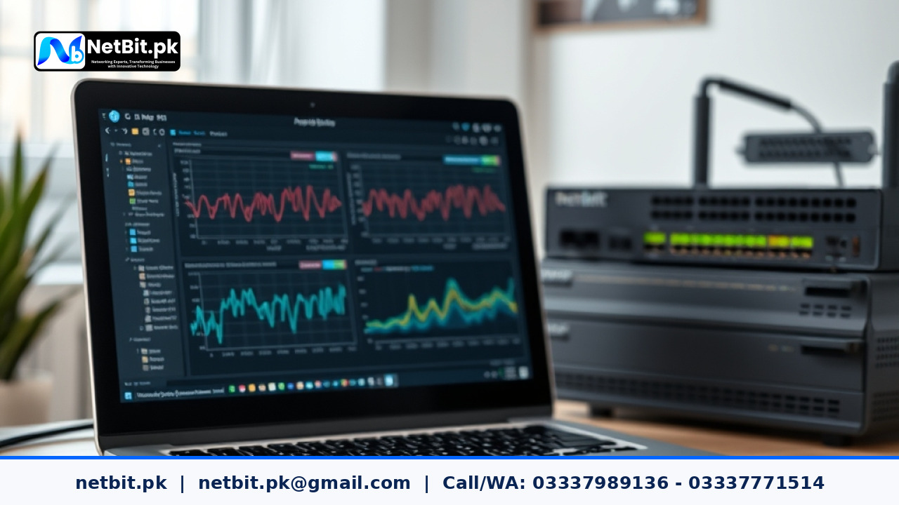 Professional technician evaluating network download speeds using a modern digital display and networking equipment.