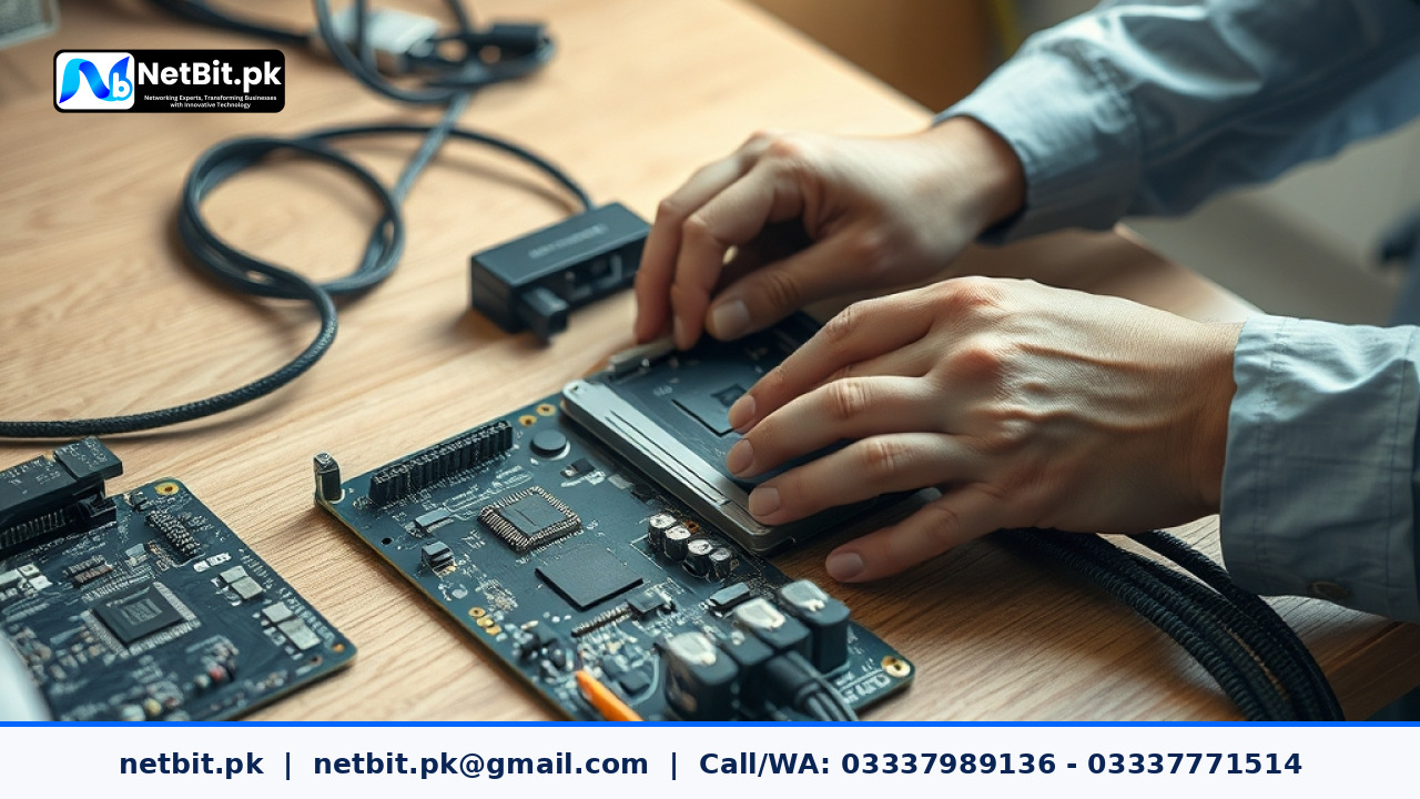 Close-up of a technician hands running diagnostics on computer hardware at a workbench | NetBit Software House and Technology | netbit.pk