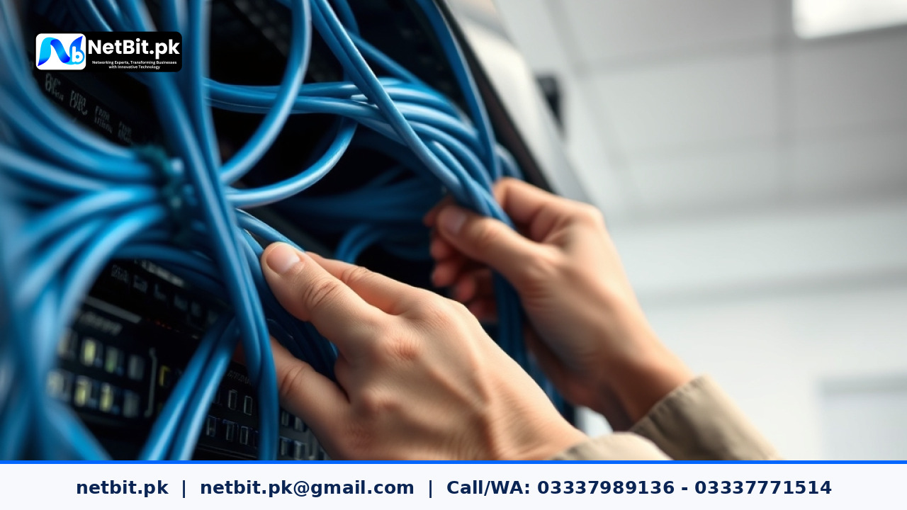 Close-up of a technician carefully organizing network cables in an office rack | NetBit Software House and Technology | netbit.pk
