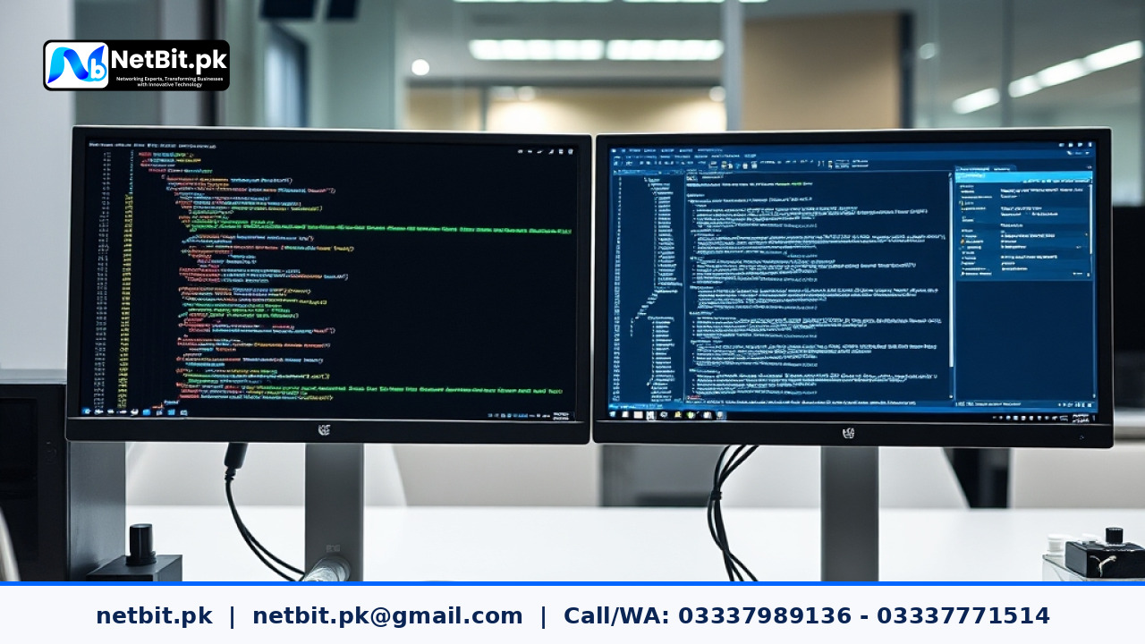 A server administrator reviewing database migration logs on a multi-monitor setup