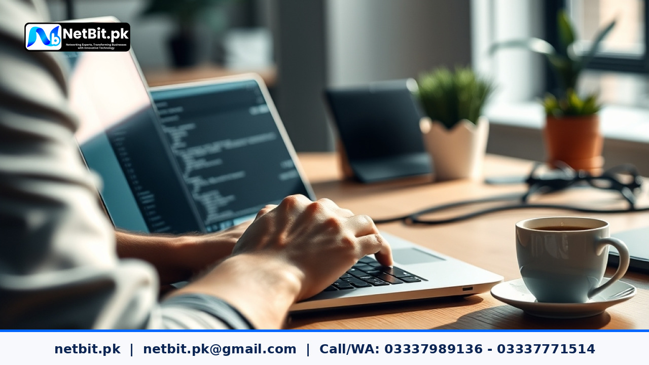 Developer working on database migrations and code on a laptop screen | NetBit Software House and Technology | netbit.pk