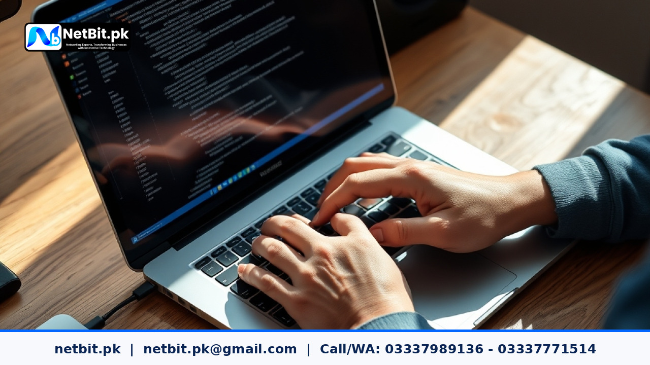 Developer hands working on code and database management on an office laptop