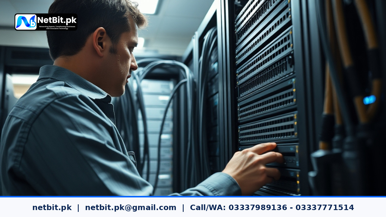 Network technician configuring enterprise router settings in an office rack | NetBit Software House and Technology | netbit.pk