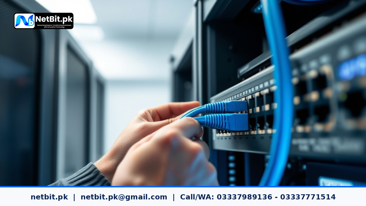 Network engineer configuring enterprise switches in a server rack | NetBit Software House and Technology | netbit.pk