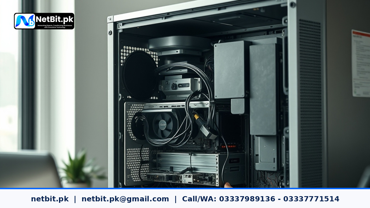 Technician performing routine maintenance on office computer systems at a professional desk | NetBit Software House and Technology | netbit.pk