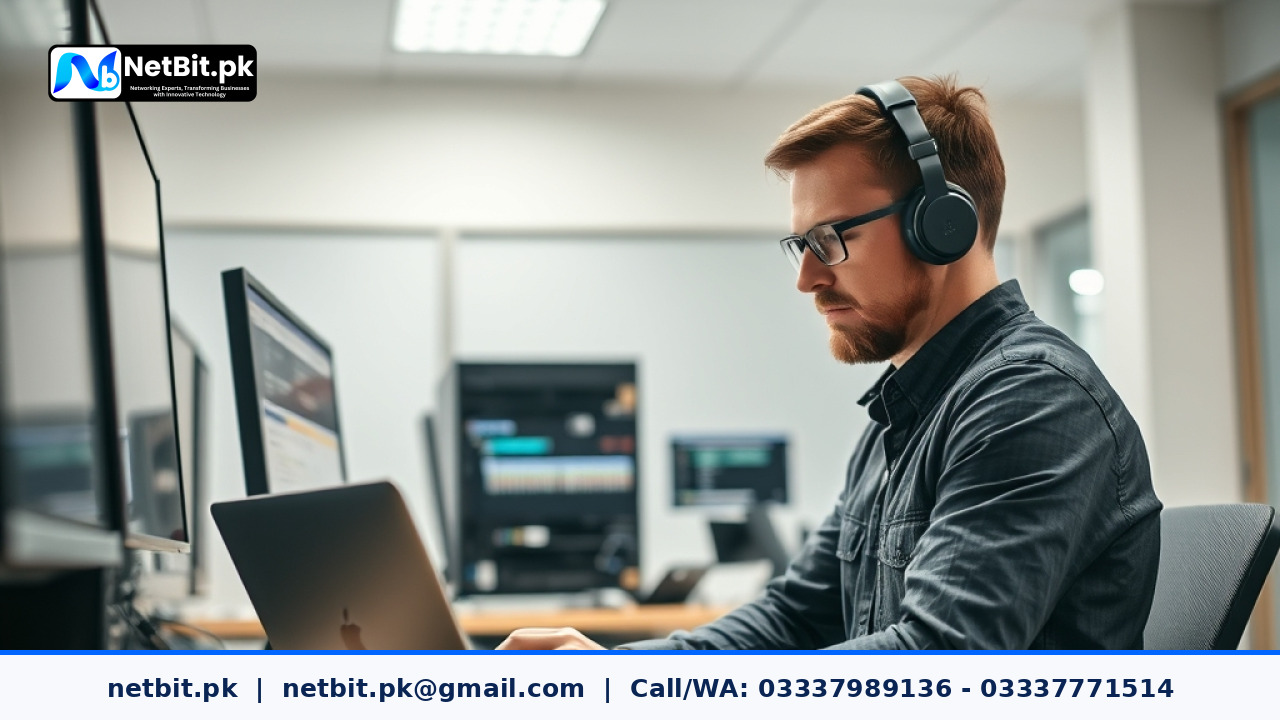 IT technician managing software deployment and server configurations in an office | NetBit Software House and Technology | netbit.pk