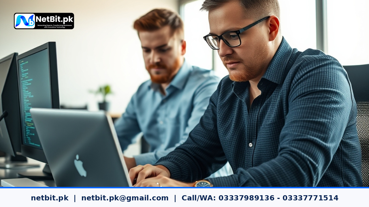 Engineers collaborating on software deployment and code review in an office