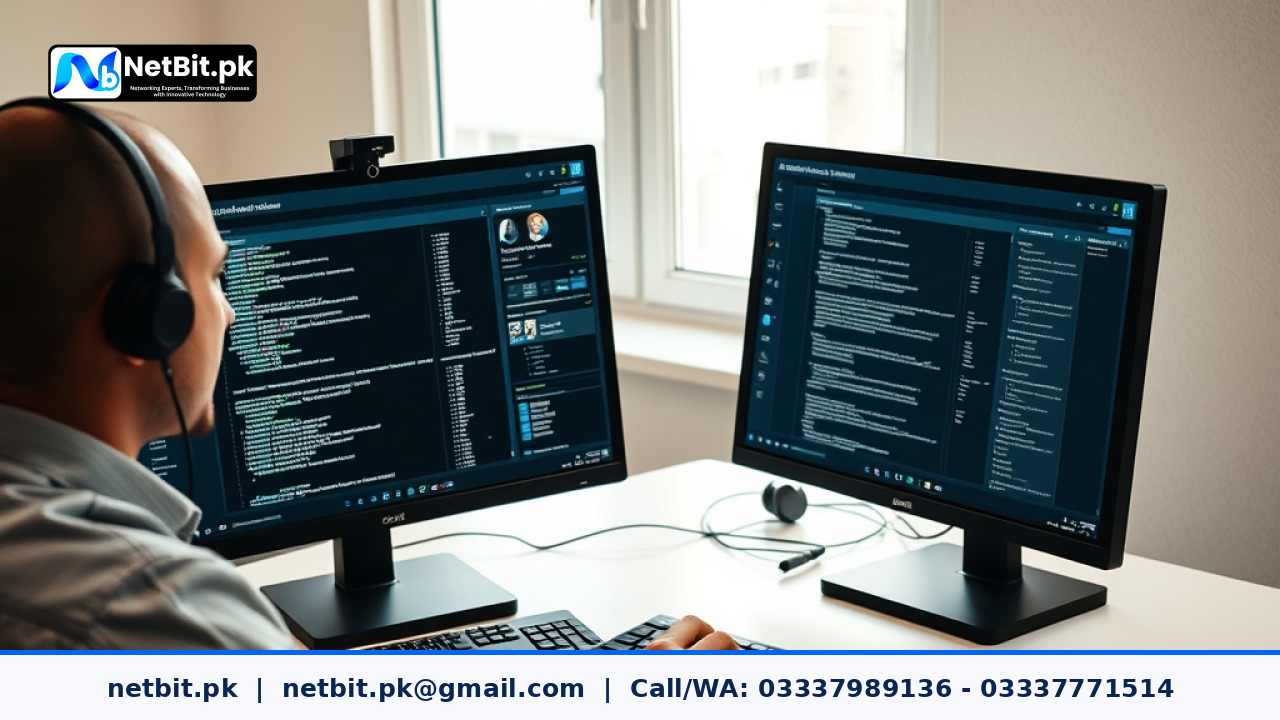Technician reviewing software deployment logs on dual monitors in a modern office setup