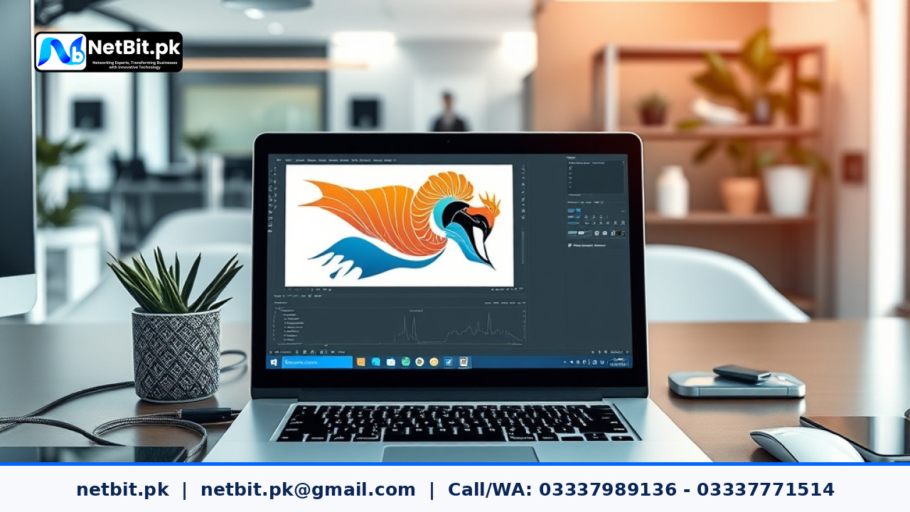Professional designer organizing vector graphics and branding assets for business software development