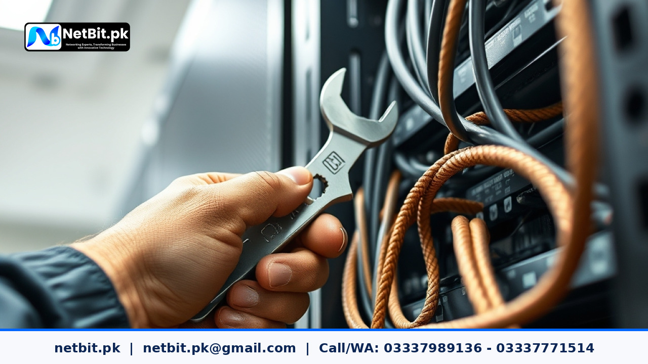 Network technician securing a ground wire to a server equipment rack in an office | NetBit Software House and Technology | netbit.pk
