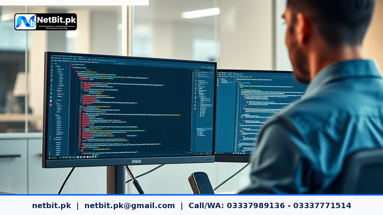 Developer working on secure session code on a dual monitor workstation