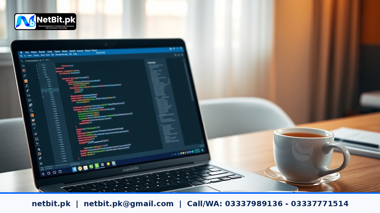A professional web developer working on a laptop, designing and coding a clean contact form for a local business website in Pakistan.
