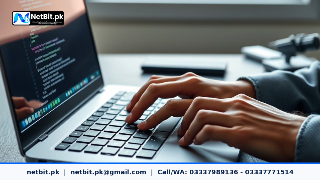 Software developer working on custom API architecture on a modern laptop desk setup | NetBit Software House and Technology | netbit.pk