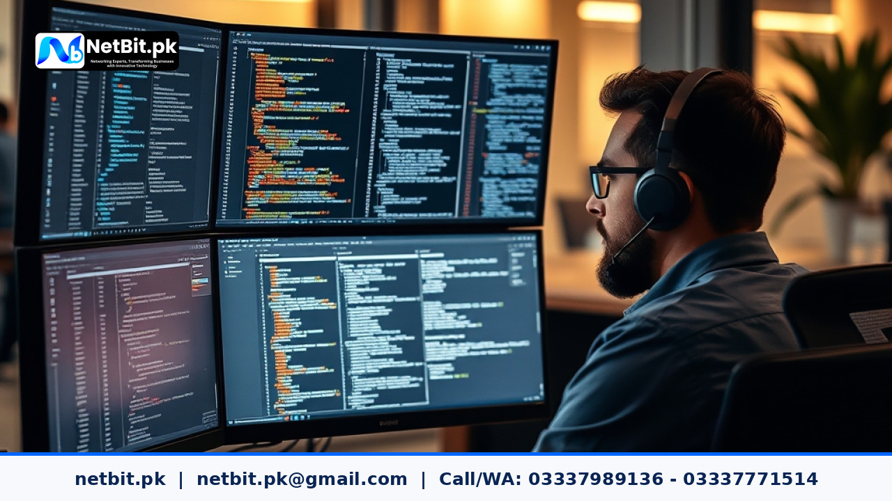 A developer working on web development code on a modern dual-monitor workstation