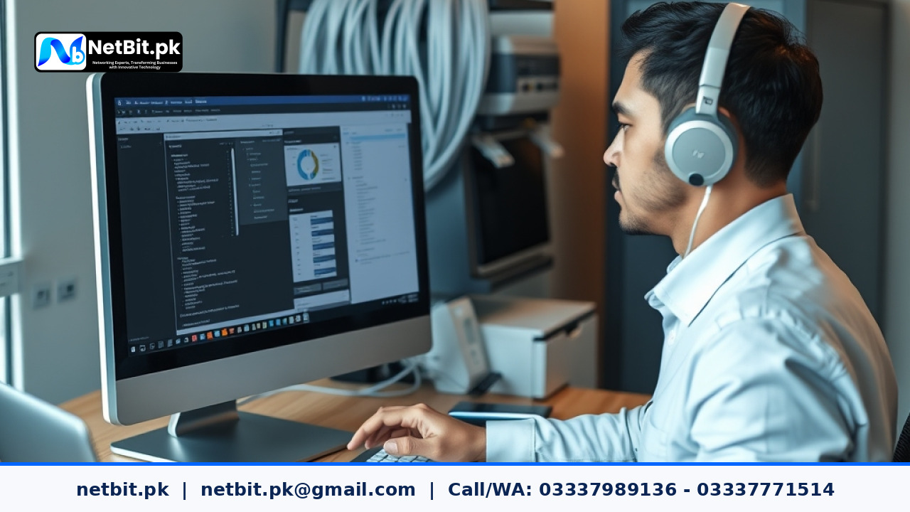 Software developer reviewing audit log data streams on an office workstation screen