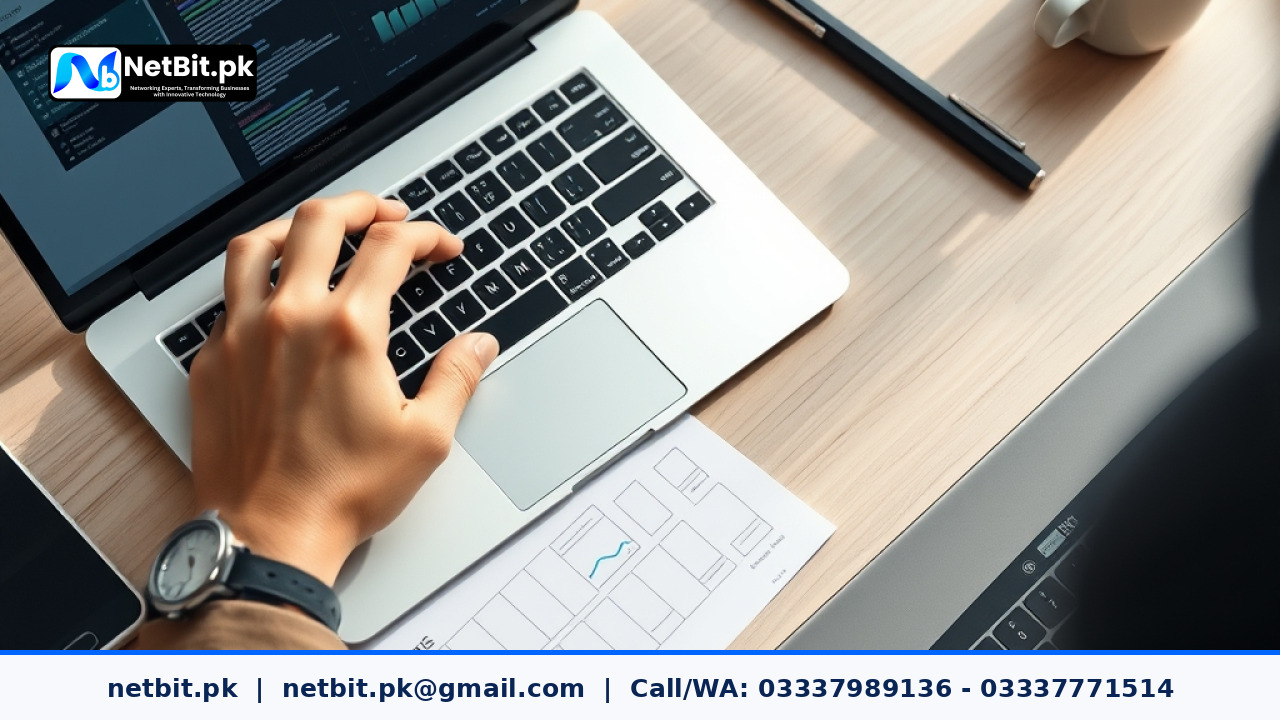 Close-up of a designer configuring button interface components on a clean desk workspace | NetBit Software House and Technology | netbit.pk