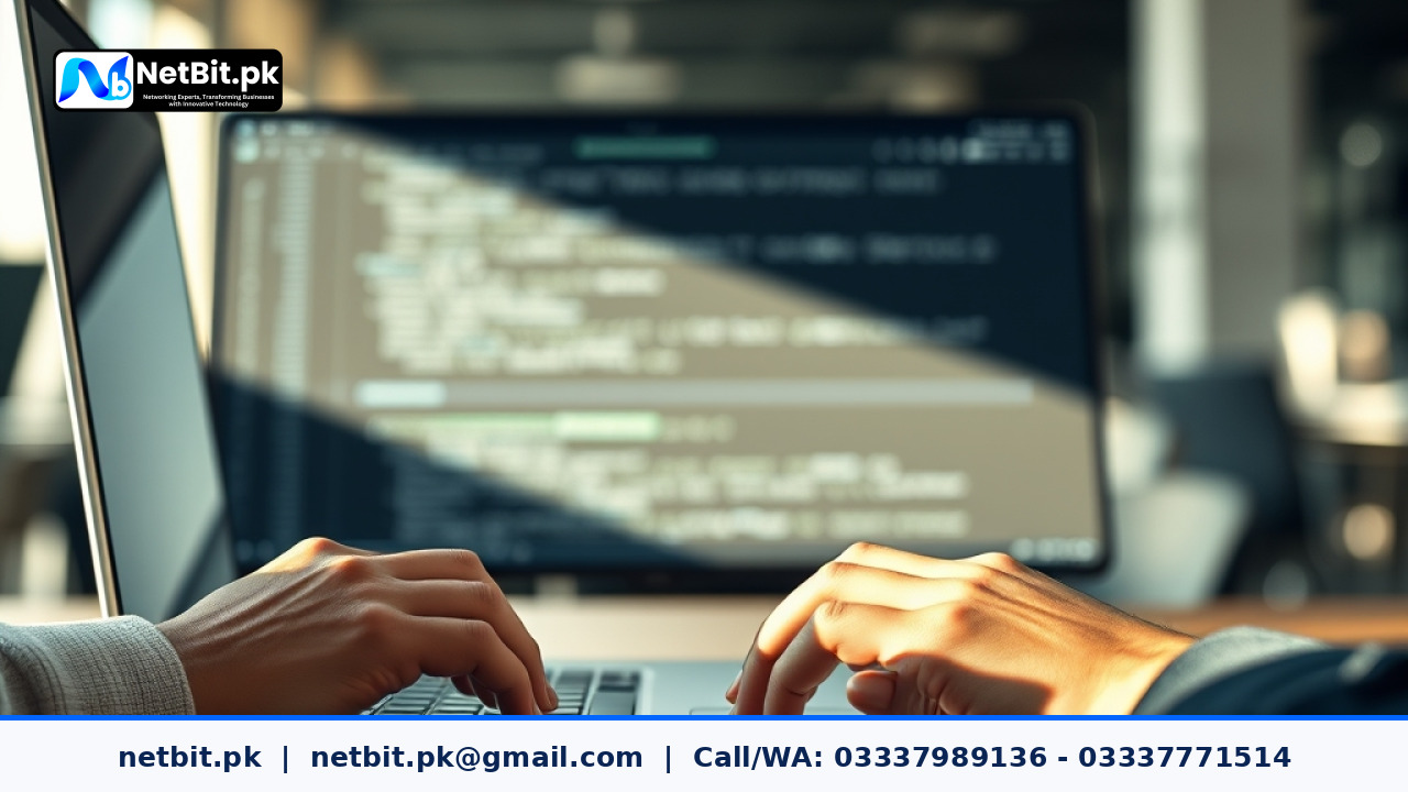 Web developer analyzing website code and technical SEO metrics on a modern laptop