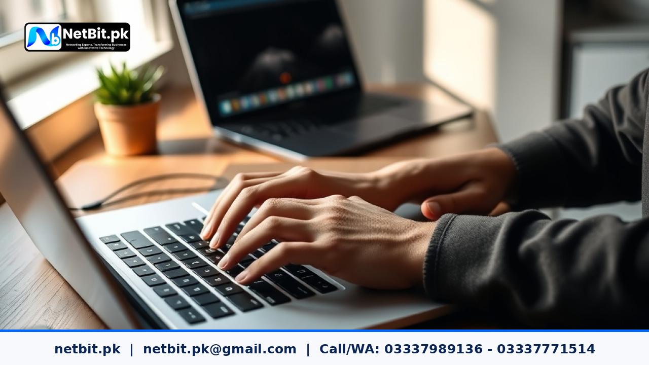 Web developer reviewing code on a dual-monitor workstation in an office | NetBit Software House and Technology | netbit.pk
