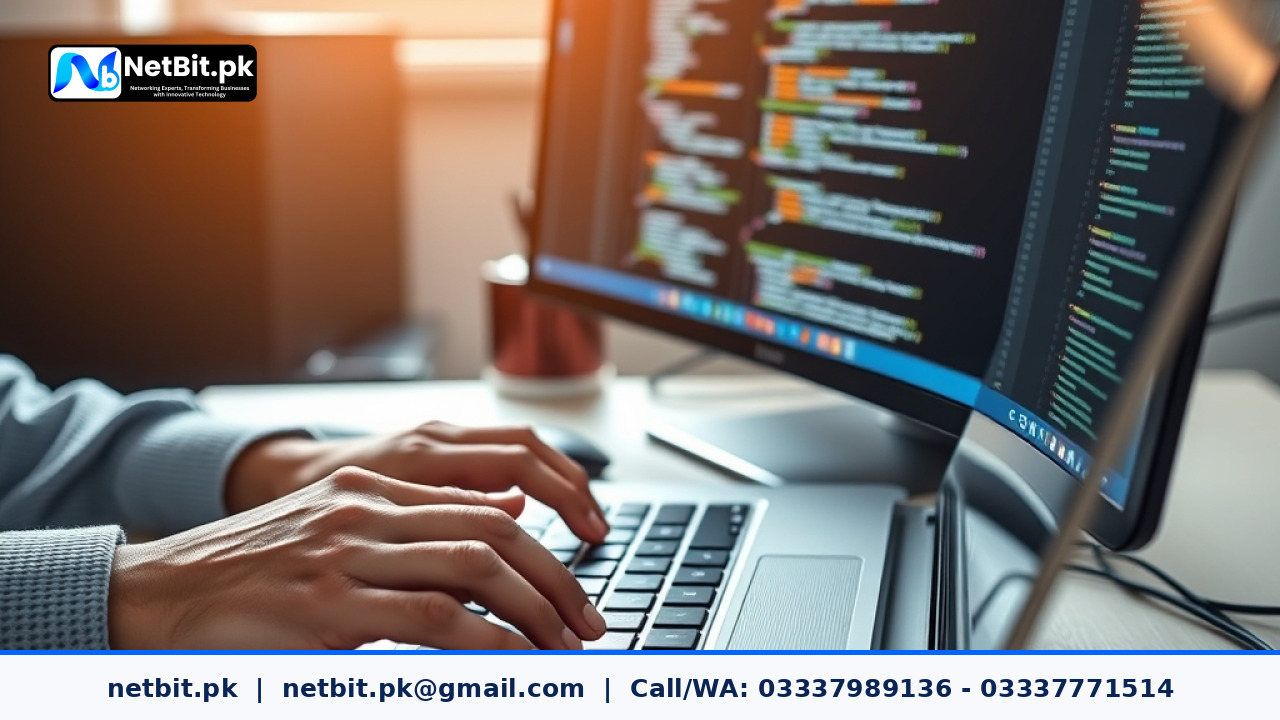 Developer writing database queries on a dual-monitor workstation | NetBit Software House and Technology | netbit.pk
