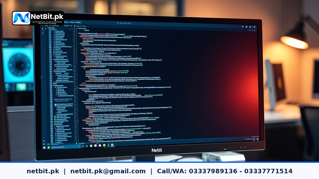A web developer writing clean HTML and JavaScript code for form validation on a modern dual-monitor workstation.