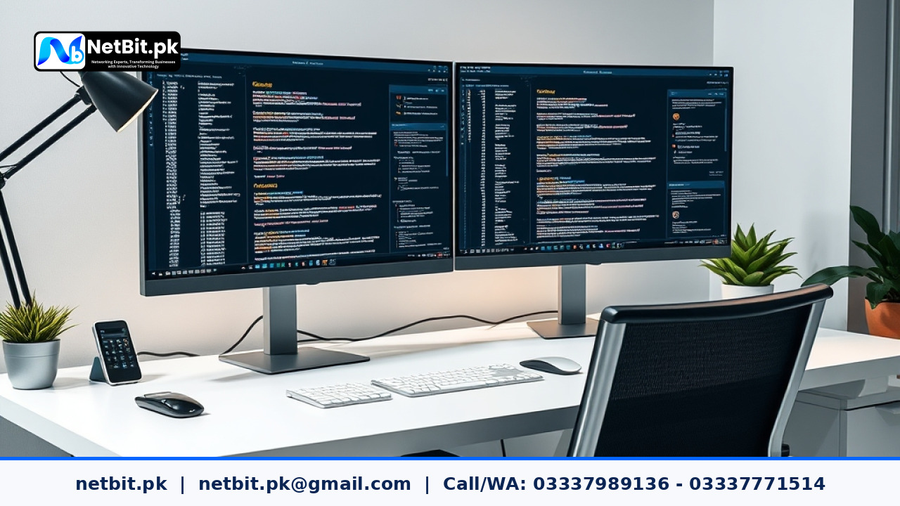 A web developer writing clean and secure JavaScript code on a modern dual-monitor workstation in a clean office environment.