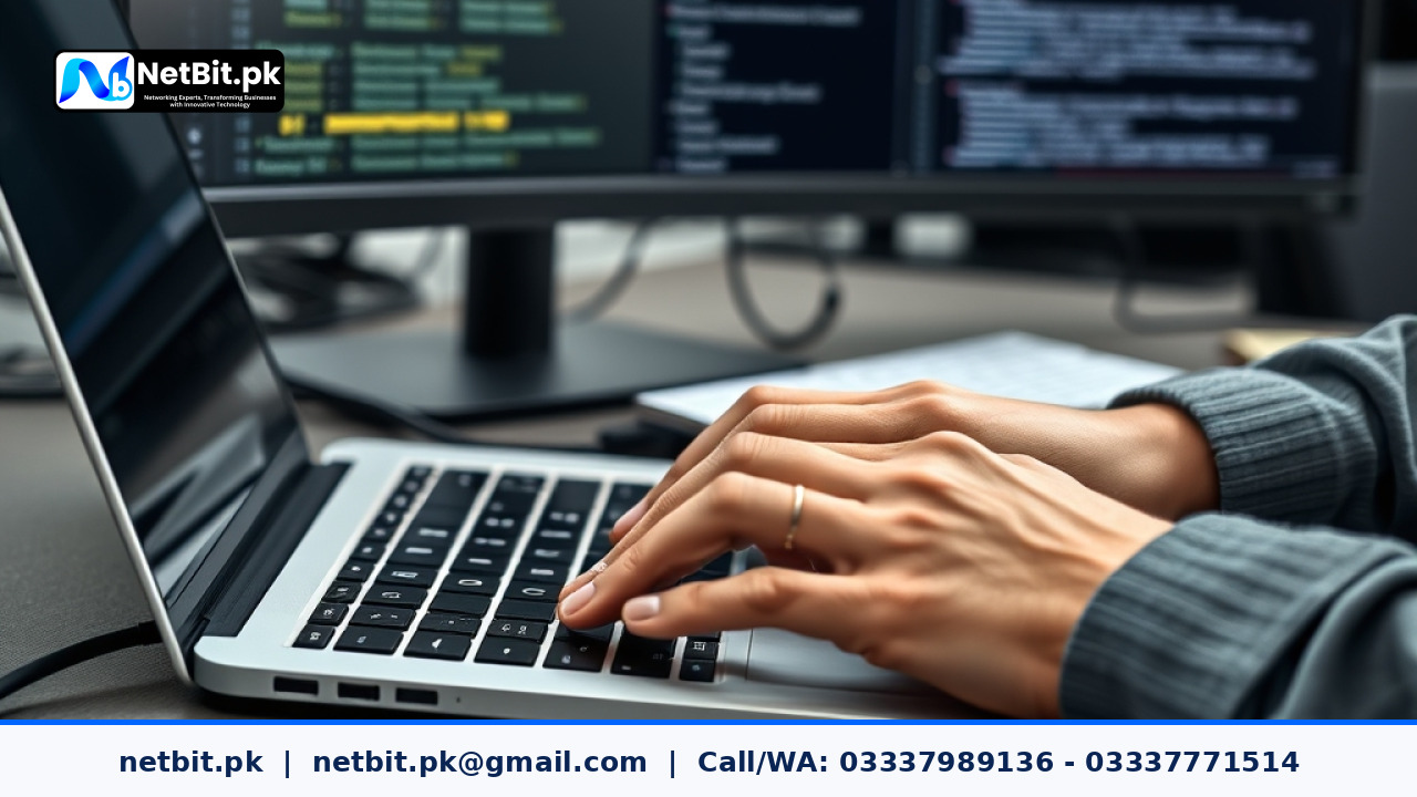 A modern software developer workstation displaying structured backend configuration code on dual monitors in a clean office environment. | NetBit Software House and Technology | netbit.pk