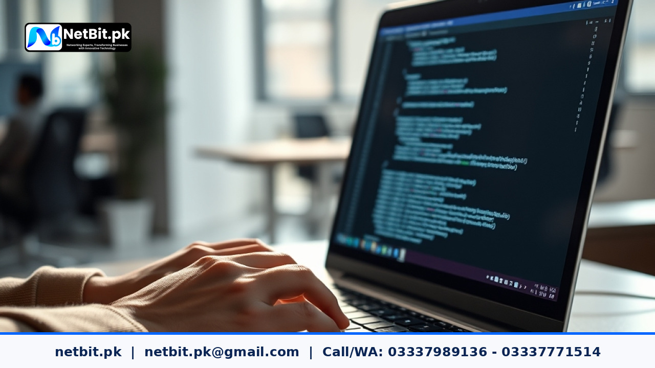Developer writing frontend code for cookie consent banner on a laptop | NetBit Software House and Technology | netbit.pk