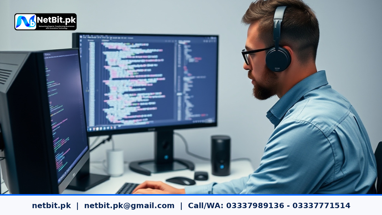 A developer writing clean CSS Flexbox code on a dual-monitor setup in a modern workspace.