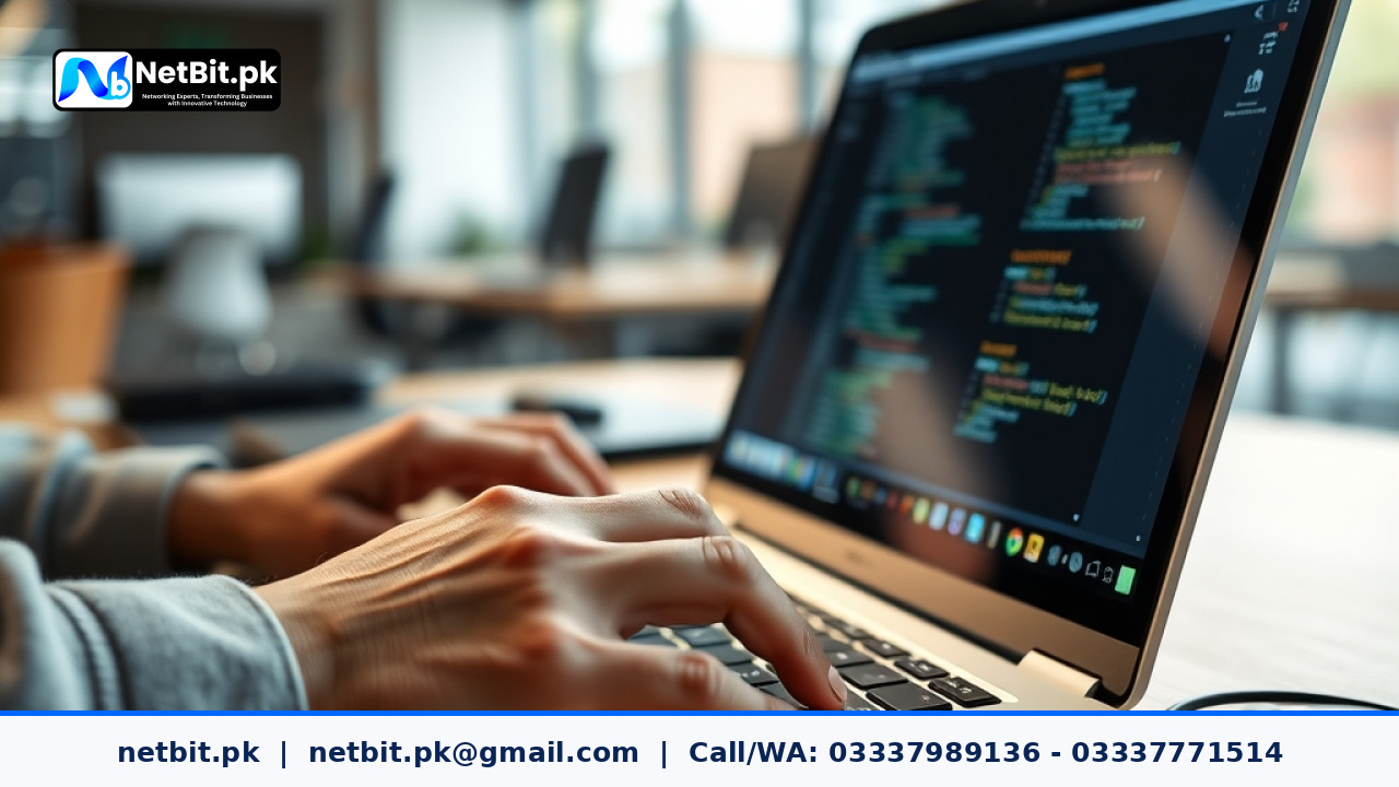 Close-up of a software developer working on database code on a laptop screen