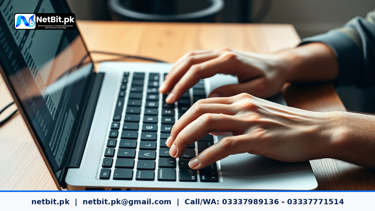 Developer hands typing code on an aluminum laptop keyboard in a well-lit office