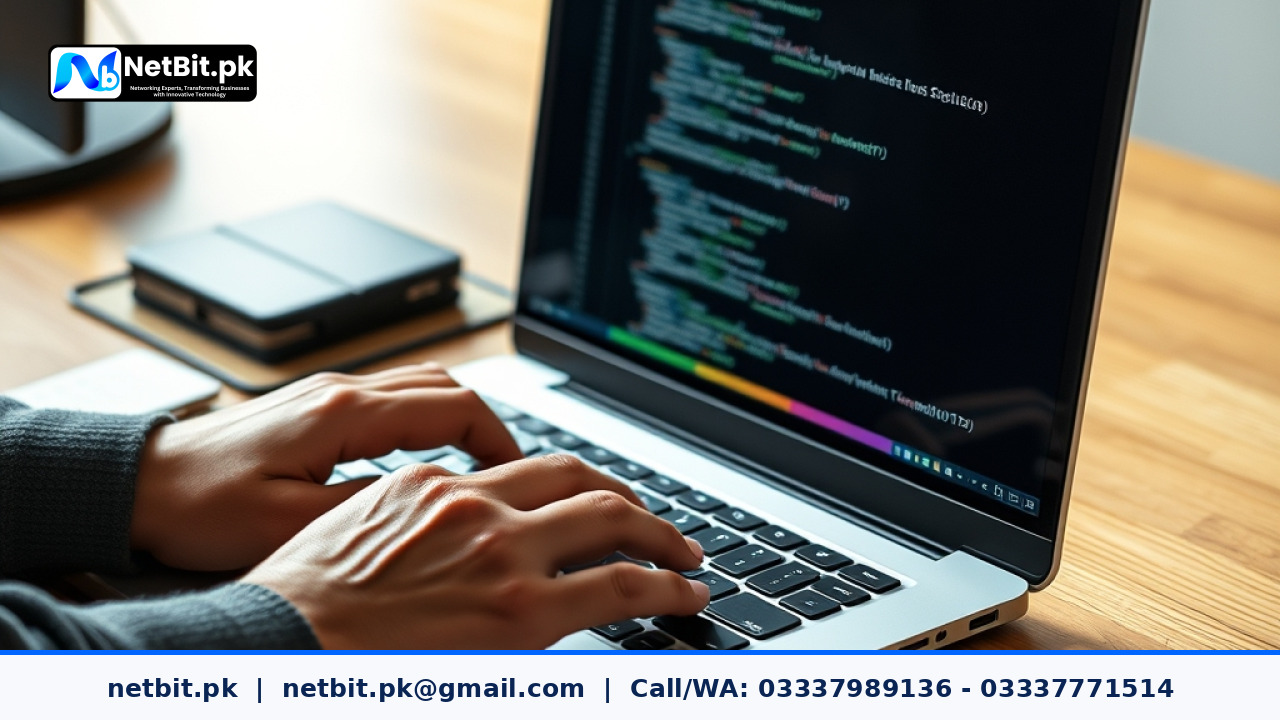 Developer writing database transaction code on an aluminum laptop screen | NetBit Software House and Technology | netbit.pk