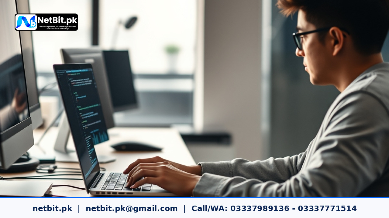 Close-up view of a web designer working on UI layouts on a modern laptop screen | NetBit Software House and Technology | netbit.pk
