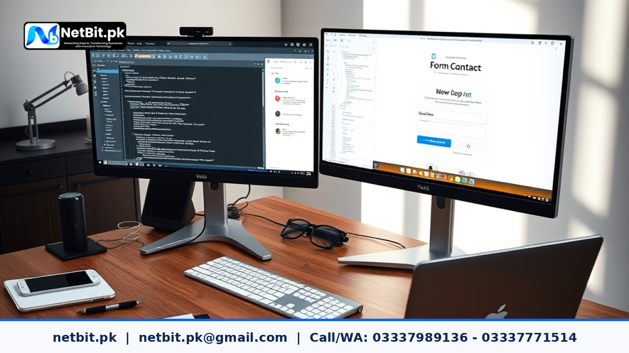 A web developer reviewing structured code and form layouts on an office monitor setup in a modern workspace.