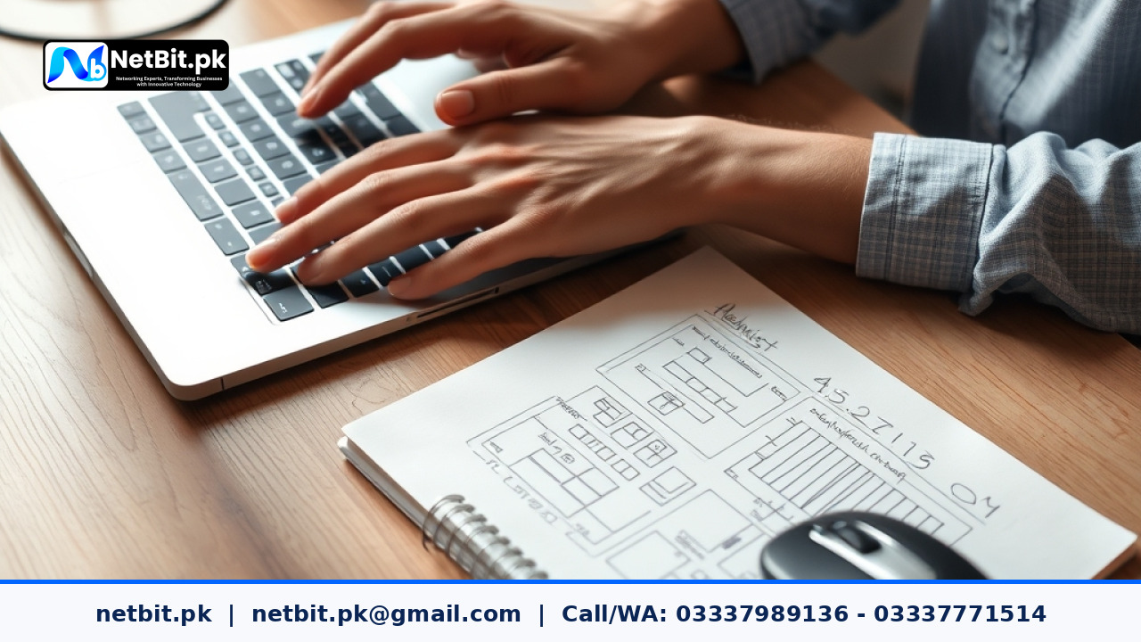 Software developer working on laptop with web interface diagrams on a wooden desk | NetBit Software House and Technology | netbit.pk