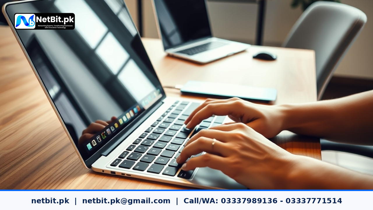 Web designer working on grid layouts using a modern laptop in a professional office environment | NetBit Software House and Technology | netbit.pk