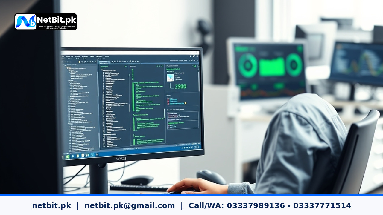 Software developer reviewing application health check code and status dashboards on dual monitors in an office setting.