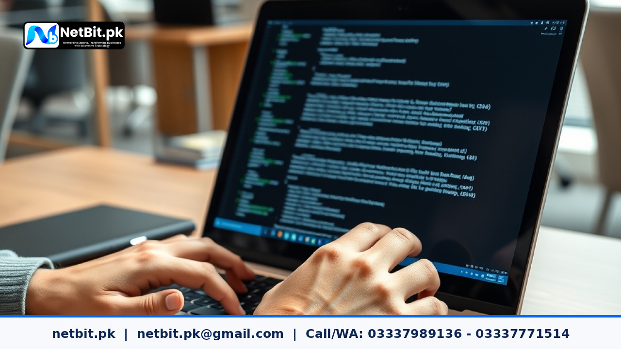 Developer configuring web application security headers on an aluminum laptop screen | NetBit Software House and Technology | netbit.pk