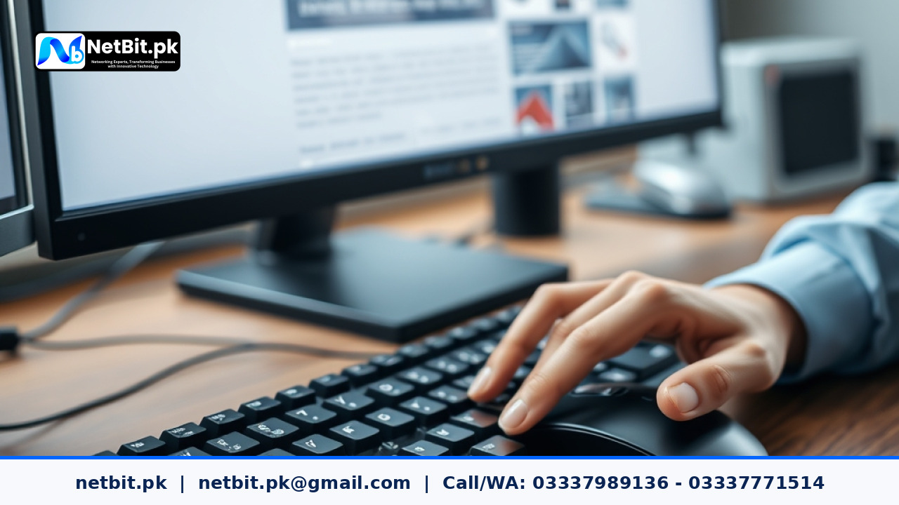 Close up of a designer's hands using a mouse on a clean, modern workstation with a web design interface visible on screen. | NetBit Software House and Technology | netbit.pk