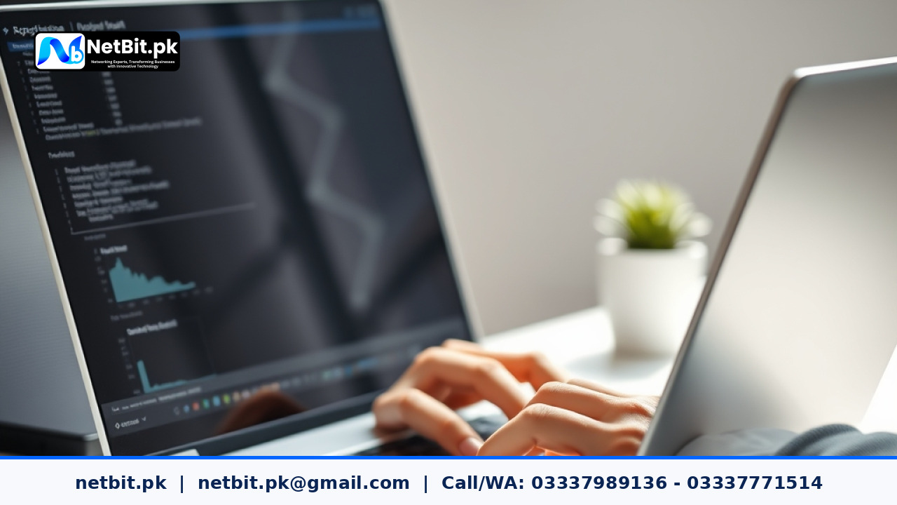 Professional developer working on website code and technical SEO optimization | NetBit Software House and Technology | netbit.pk