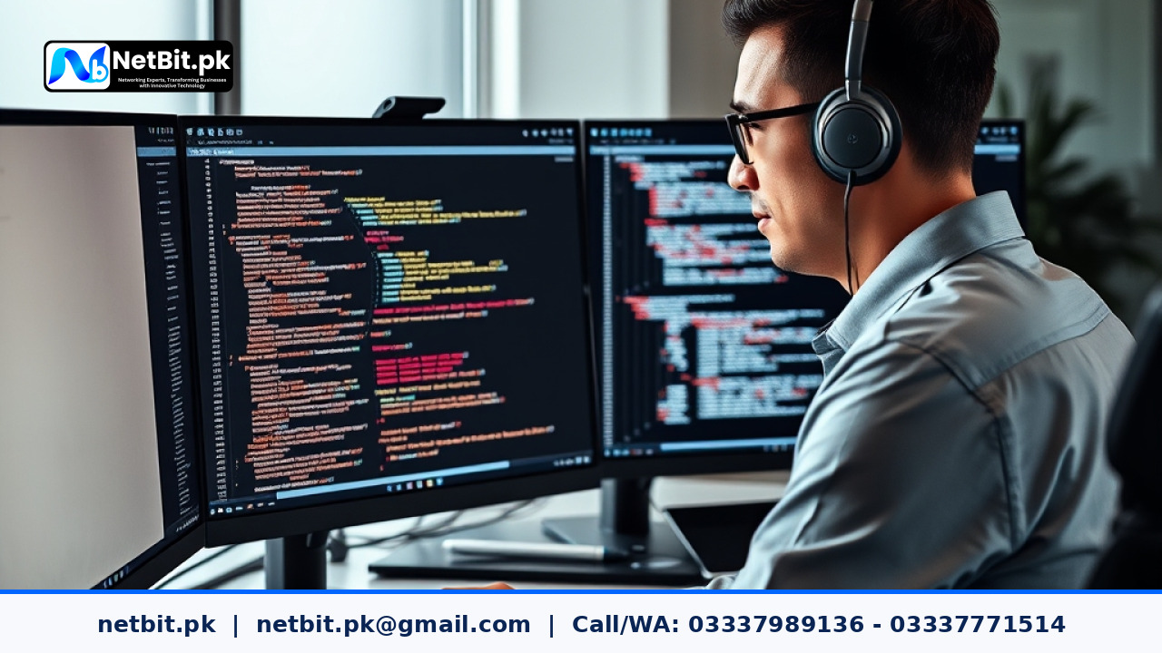 Developer reviewing secure code on a dual monitor workstation in a modern office