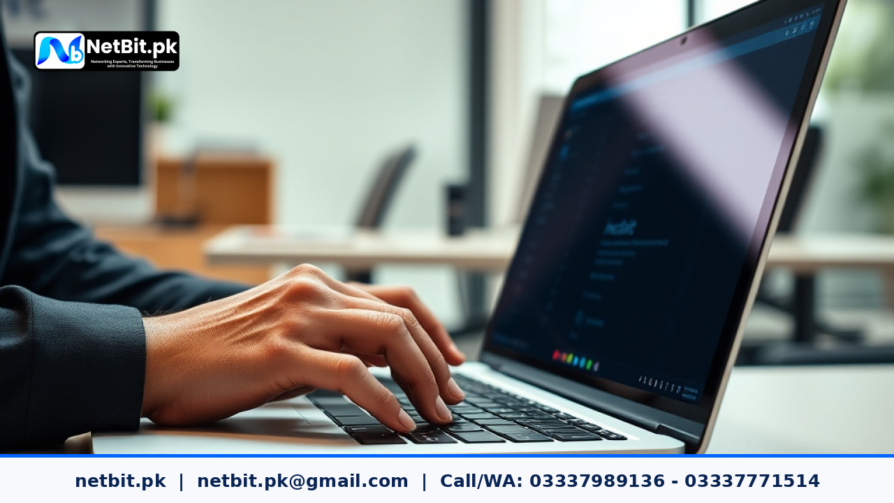 Close-up of hands typing on a laptop working on web design layouts with clean negative space | NetBit Software House and Technology | netbit.pk
