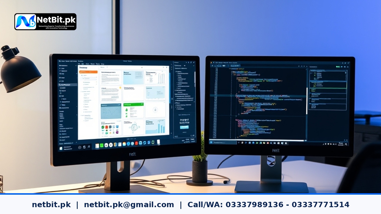A modern web designer working on UI UX layouts and interface animations on a dual monitor workstation