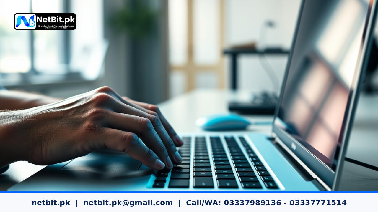 A software developer writing code on a laptop screen in a modern office | NetBit Software House and Technology | netbit.pk