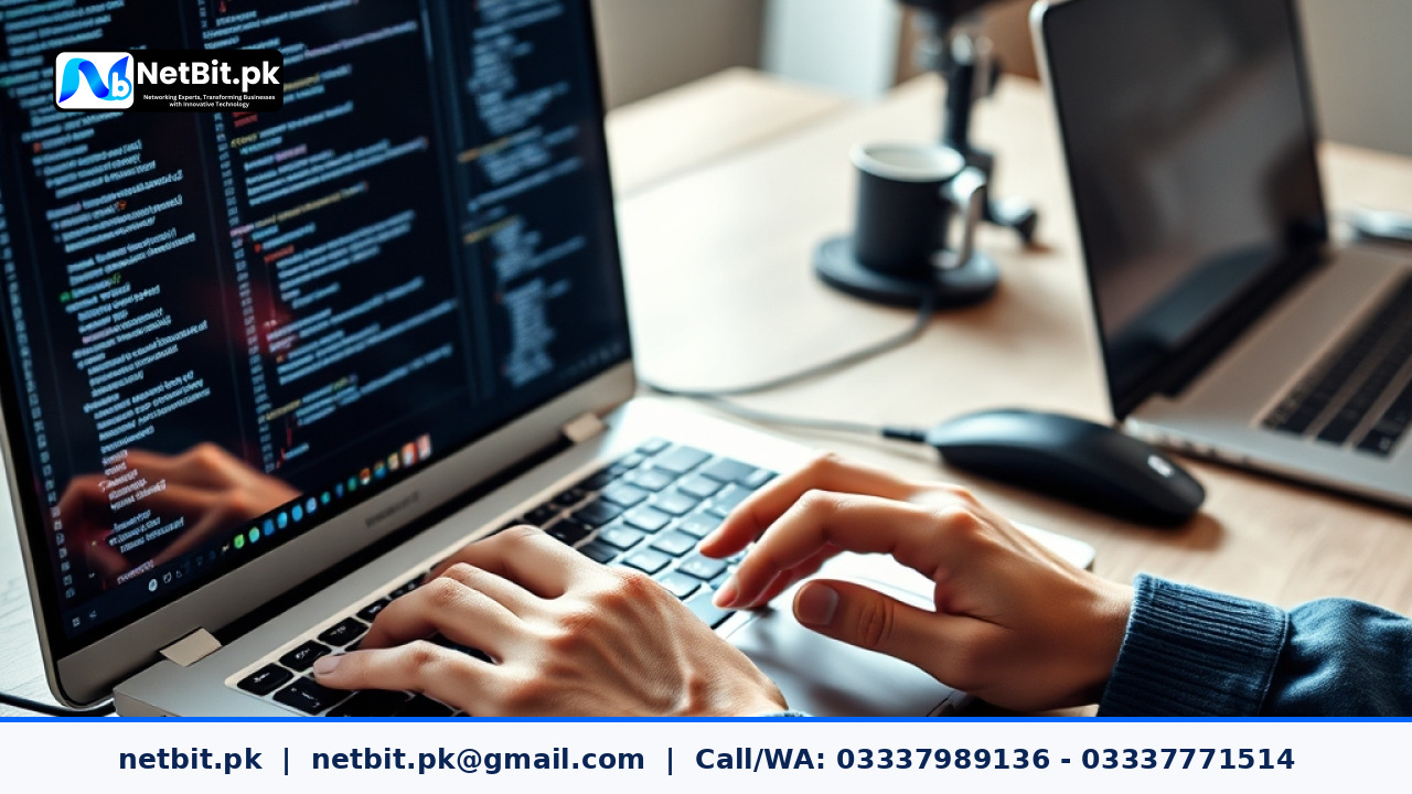 Software developer writing code for pagination on a dual monitor workstation | NetBit Software House and Technology | netbit.pk